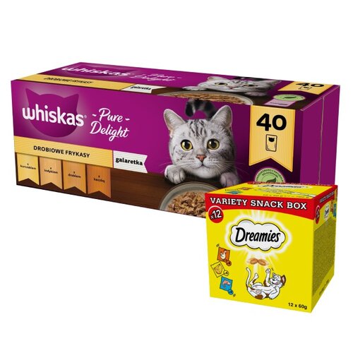 Karma dla kota WHISKAS Drobiowe smaki (40 x 85 g) + Przysmak dla kota DREAMIES Mix smaków (12 x 60 g)