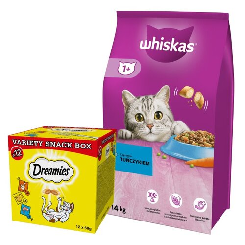 Karma dla kota WHISKAS Tuńczyk z warzywami 14 kg + Przysmak dla kota DREAMIES Mix smaków (12 x 60 g)
