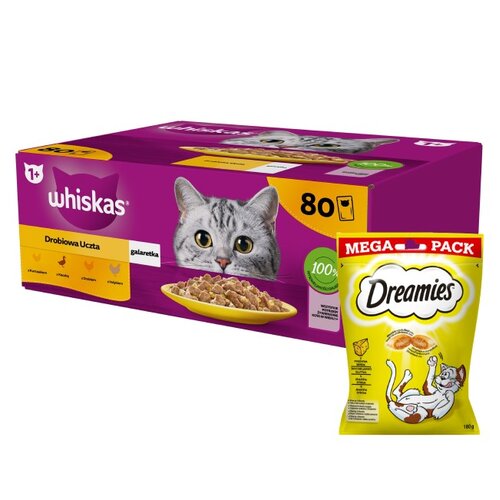 Karma dla kota WHISKAS Drobiowe smaki (80 x 85 g) + Przysmak dla kota DREAMIES Żółty ser 180 g