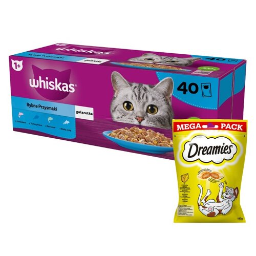 Karma dla kota WHISKAS Rybne Przysmaki (40 x 85 g) + Przysmak dla kota DREAMIES Żółty ser 180 g