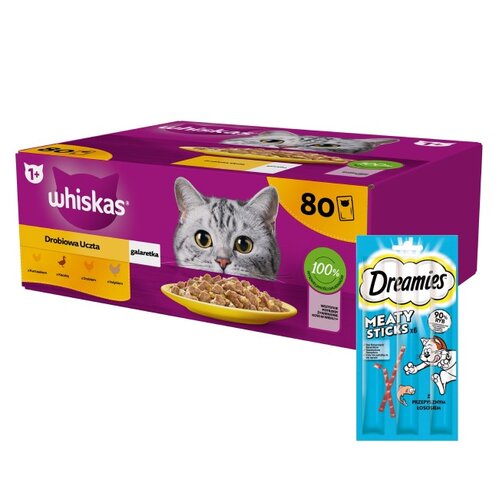 Karma dla kota WHISKAS Drobiowe smaki (80 x 85 g) + Przysmak dla kota DREAMIES Meaty Sticks z Łososiem 30 g