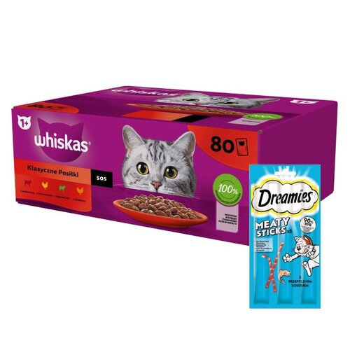 Karma dla kota WHISKAS Mix smaków (80 x 85 g) + Przysmak dla kota DREAMIES Meaty Sticks z Łososiem 30 g