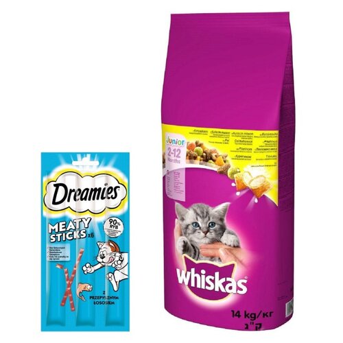 Karma dla kota WHISKAS Junior Kurczak 14 kg + Przysmak dla kota DREAMIES Meaty Sticks z Łososiem 30 g