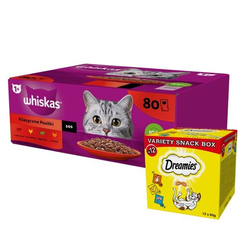 Karma dla kota WHISKAS Mix smaków (80 x 85 g) + Przysmak dla kota DREAMIES Mix smaków (12 x 60 g)