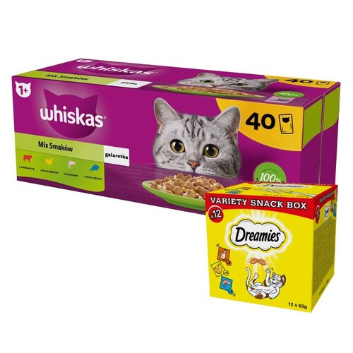 Karma dla kota WHISKAS Mix Smaków (40 x 85 g) + Przysmak dla kota DREAMIES Mix smaków (12 x 60 g)