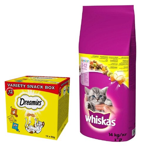 Karma dla kota WHISKAS Junior Kurczak 14 kg + Przysmak dla kota DREAMIES Mix smaków (12 x 60 g)