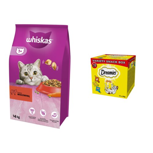 Karma dla kota WHISKAS Wołowina 14 kg + Przysmak dla kota DREAMIES Mix smaków (12 x 60 g)