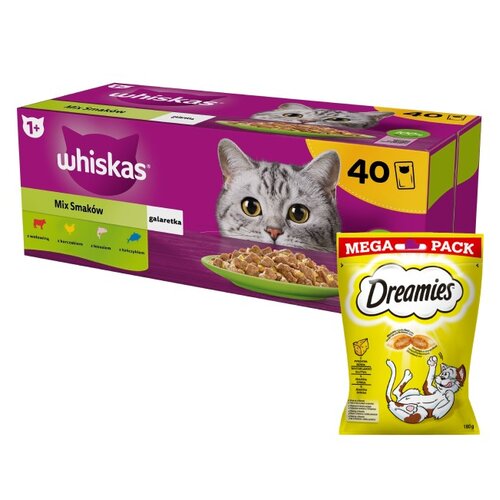 Karma dla kota WHISKAS Mix Smaków (40 x 85 g) + Przysmak dla kota DREAMIES Żółty ser 180 g