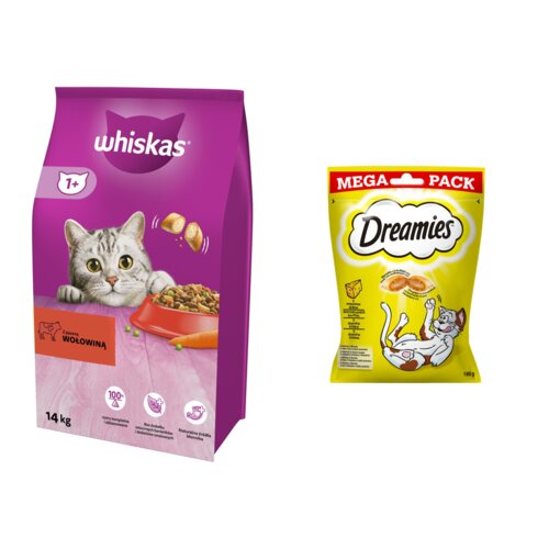 Karma dla kota WHISKAS Wołowina 14 kg + Przysmak dla kota DREAMIES Żółty ser 180 g