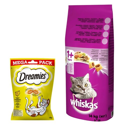 Karma dla kota WHISKAS Wołowina 14 kg + Przysmak dla kota DREAMIES Żółty ser 180 g
