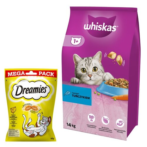Karma dla kota WHISKAS Tuńczyk z warzywami 14 kg + Przysmak dla kota DREAMIES Żółty ser 180 g