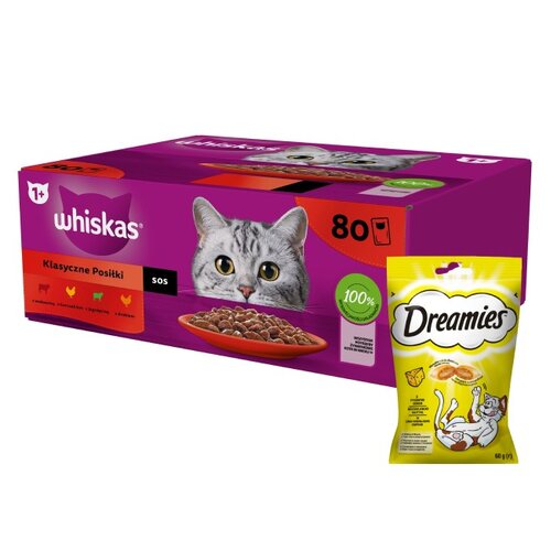 Karma dla kota WHISKAS Mix smaków (80 x 85 g) + Przysmak dla kota DREAMIES Żółty ser 60 g