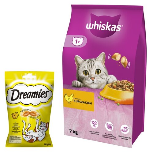 Karma dla kota WHISKAS Kurczak 7 kg + Przysmak dla kota DREAMIES Żółty ser 60 g