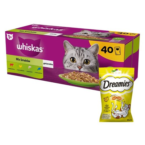 Karma dla kota WHISKAS Mix Smaków (40 x 85 g) + Przysmak dla kota DREAMIES Żółty ser 60 g