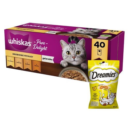 Karma dla kota WHISKAS Drobiowe smaki (40 x 85 g) + Przysmak dla kota DREAMIES Żółty ser 60 g