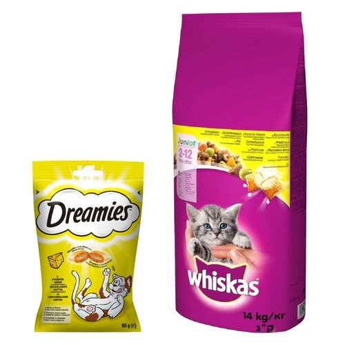 Karma dla kota WHISKAS Junior Kurczak 14 kg + Przysmak dla kota DREAMIES Żółty ser 60 g