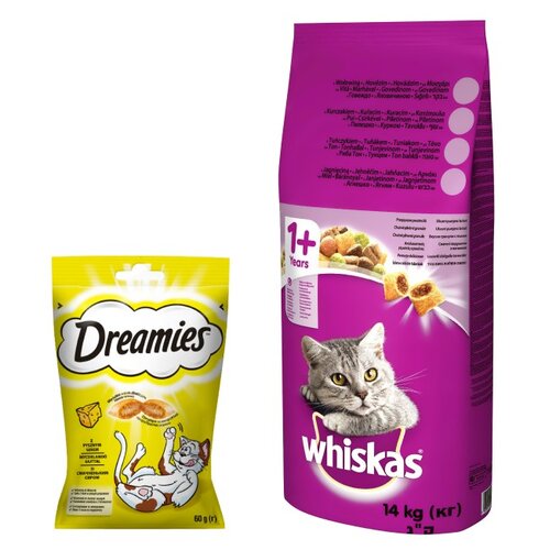 Karma dla kota WHISKAS Wołowina 14 kg + Przysmak dla kota DREAMIES Żółty ser 60 g