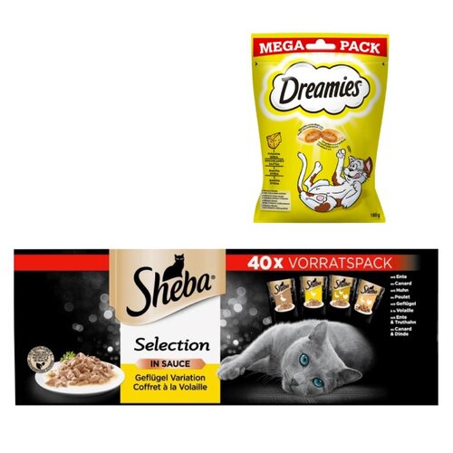 Karma dla kota SHEBA Selection Drobiowe smaki (40 x 85 g) + Przysmak dla kota DREAMIES Żółty ser 180 g