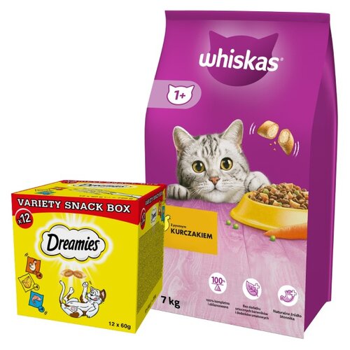 Karma dla kota WHISKAS Kurczak 7 kg + Przysmak dla kota DREAMIES Mix smaków (12 x 60 g)