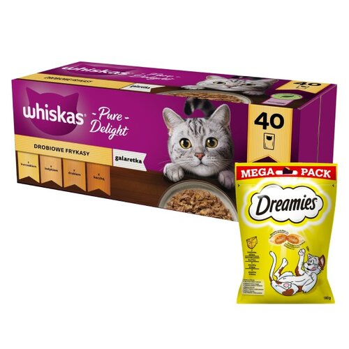Karma dla kota WHISKAS Drobiowe smaki (40 x 85 g) + Przysmak dla kota DREAMIES Żółty ser 180 g