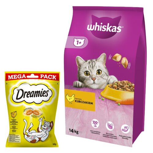 Karma dla kota WHISKAS Kurczak 14 kg + Przysmak dla kota DREAMIES Żółty ser 180 g