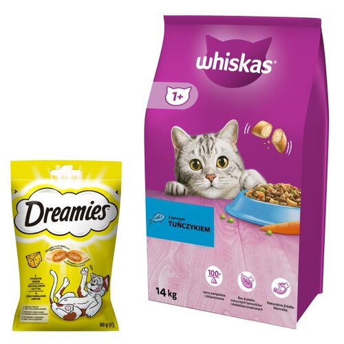 Karma dla kota WHISKAS Tuńczyk z warzywami 14 kg + Przysmak dla kota DREAMIES Żółty ser 60 g