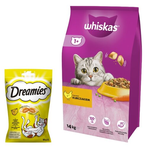 Karma dla kota WHISKAS Kurczak 14 kg + Przysmak dla kota DREAMIES Żółty ser 60 g