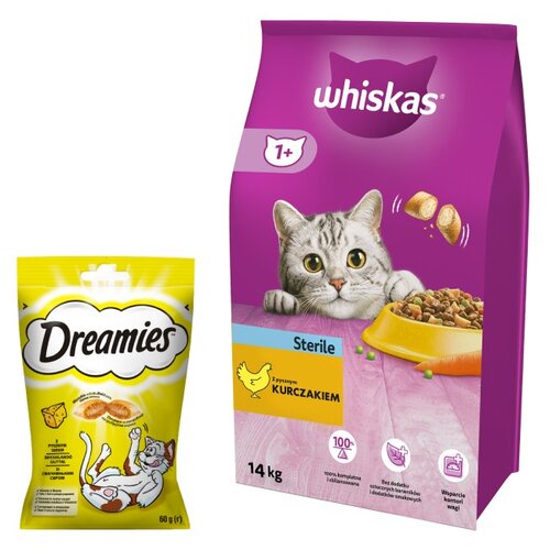 Karma dla kota WHISKAS Sterile Kurczak 14 kg + Przysmak dla kota DREAMIES Żółty ser 60 g