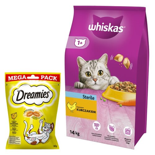Karma dla kota WHISKAS Sterile Kurczak 14 kg + Przysmak dla kota DREAMIES Żółty ser 180 g