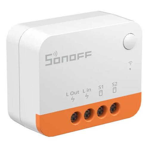 Biało-pomarańczowe urządzenie z logo "Sonoff" na górze, posiada cztery otwory oznaczone jako "L Out", "L in", "S1", "S2" oraz przycisk i symbol Wi-Fi.