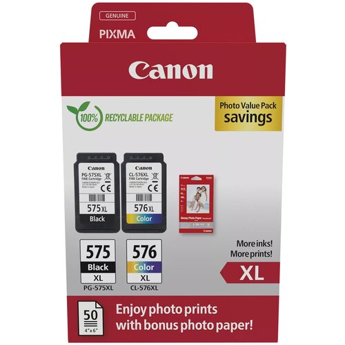 Zestaw tuszów CANON PG-575 XL / CL-576 XL Czarny 15 ml, Kolorowy 12.6 ml 5437C006 + Papier fotograficzny
