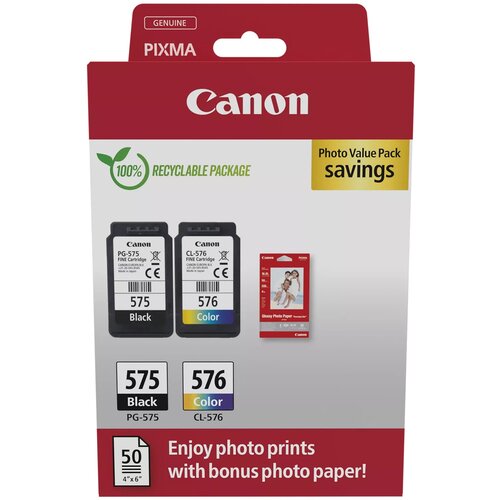 Na zdjęciu znajduje się opakowanie zestawu tuszów Canon z dwoma wkładami: czarnym PG-575 i kolorowym CL-576, oraz papierem fotograficznym. Widoczne napisy to m.in. "Canon", "PIXMA", "100% RECYCLABLE PACKAGE", "Photo Value Pack savings", "575 Black", "576 