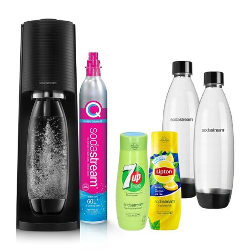Saturator SODASTREAM Terra Czarny + Butelka SODASTREAM Fuse Czarny (2 sztuki) + Syropy SODASTREAM 7UP Zero bez cukru, Lipton Ice Tea Cytryna 2 x 440 ml