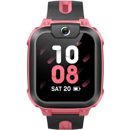 Smartwatch z różową obudową i czarnym paskiem, na wyświetlaczu widoczna jest godzina 10:08 oraz data "SAT 20", a także ikona baterii. Na górze ekranu znajduje się kamera.
