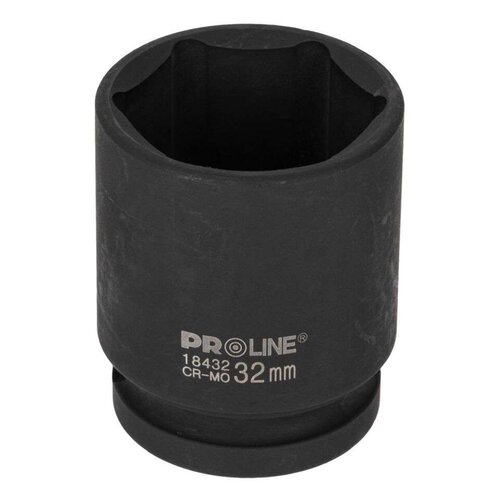 Czarna nasadka udarowa z widocznym napisem: "PROLINE 18432 CR-MO 32 mm". Nasadka ma cylindryczny kształt z sześciokątnym otworem na jednym końcu.