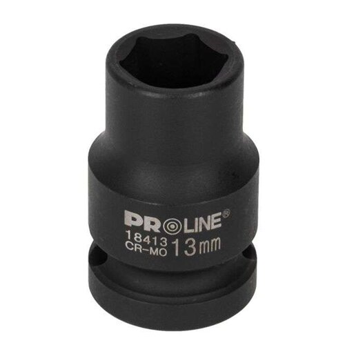 Czarna nasadka udarowa z widocznym napisem "PROLINE 18413 CR-MO 13mm". Produkt ma cylindryczny kształt z sześciokątnym otworem na jednym końcu.