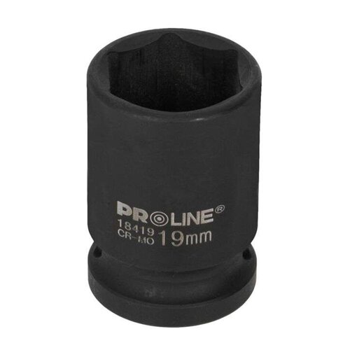 Czarna nasadka udarowa z widocznym napisem "PROLINE 18419 CR-MO 19mm" na powierzchni. Produkt ma sześciokątny otwór i solidną konstrukcję.