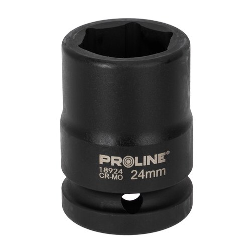 Czarna nasadka udarowa z widocznym napisem "PROLINE 18924 CR-MO 24mm" na powierzchni. Nasadka ma cylindryczny kształt z otworem na jednym końcu.