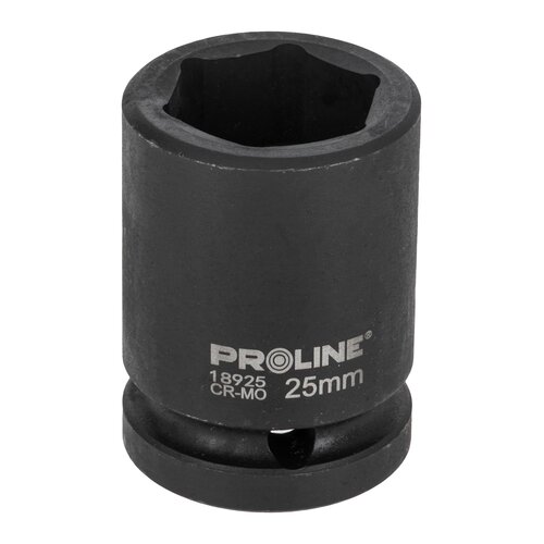 Czarna nasadka udarowa z widocznym napisem "PROLINE 18925 CR-MO 25mm" na powierzchni. Produkt ma cylindryczny kształt z sześciokątnym otworem na jednym końcu.