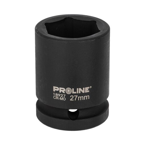 Czarna nasadka udarowa z widocznym napisem "PROLINE 18927 CR-MO 27mm" na powierzchni. Nasadka ma cylindryczny kształt z otworem na jednym końcu.