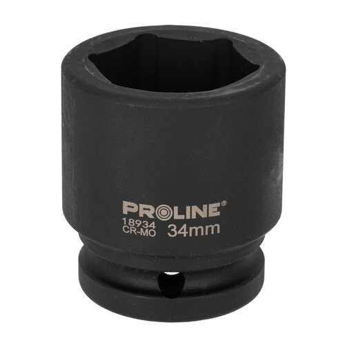 Czarna nasadka udarowa z widocznym napisem "PROLINE 18934 CR-MO 34mm" na powierzchni. Nasadka ma cylindryczny kształt z otworem na jednym końcu.