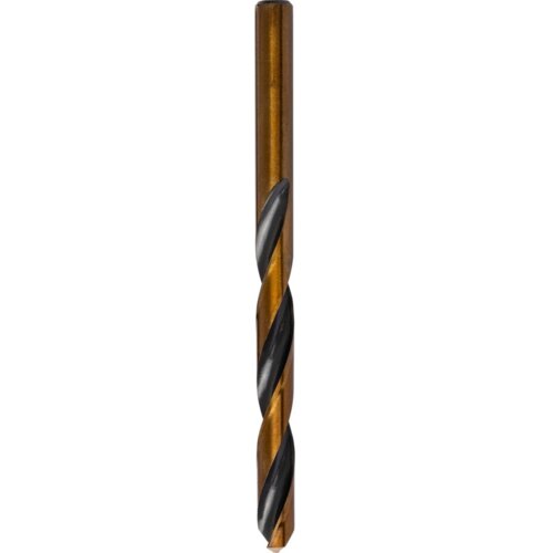 Na zdjęciu widoczne jest wiertło o metalicznym, złotym kolorze z czarnymi spiralnymi rowkami. Produkt ma gładką powierzchnię i cylindryczny kształt.