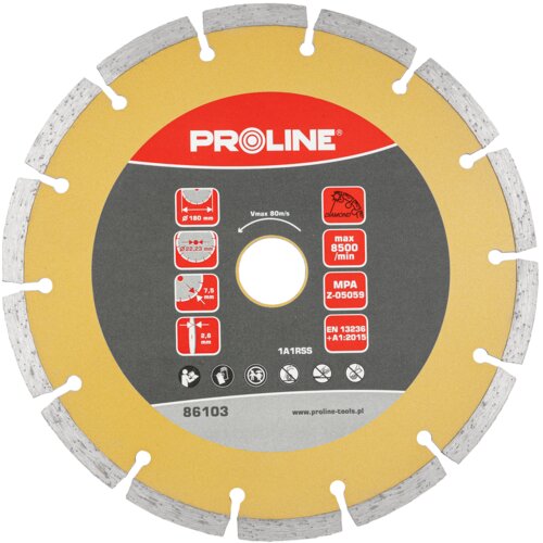 Na zdjęciu znajduje się tarcza do cięcia z widocznym logo "PROLINE" na czerwonym tle oraz różnymi oznaczeniami technicznymi, takimi jak "max 8500 /min", "MPA Z-05059", "EN 13236 +A1:2015", a także informacje o wymiarach: "⌀ 180 mm", "⌀ 22.23 mm", "7.5 mm", "2.6 mm". Na dole widoczny jest numer "86103" oraz adres strony "www.proline-tools.pl".