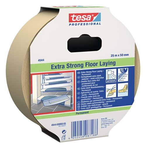 Opakowanie taśmy dwustronnej z logo "tesa Professional" zawiera tekst "Extra Strong Floor Laying" oraz informacje o wymiarach 25 m x 50 mm. Na opakowaniu znajdują się również ilustracje i kod kreskowy 4042448071888.