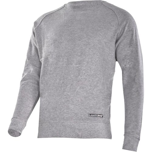 Szara bluza robocza z długimi rękawami, wykonana z gładkiego materiału, z widocznym logo "LAHTI PRO" na dolnym brzegu. Bluza ma prosty krój z okrągłym dekoltem.