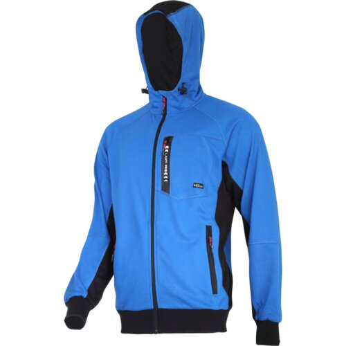 Na zdjęciu znajduje się niebieska bluza robocza z czarnymi wstawkami, kapturem i zamkami błyskawicznymi. Na piersi widoczny jest napis "Climatic" oraz mała naszywka z logo.