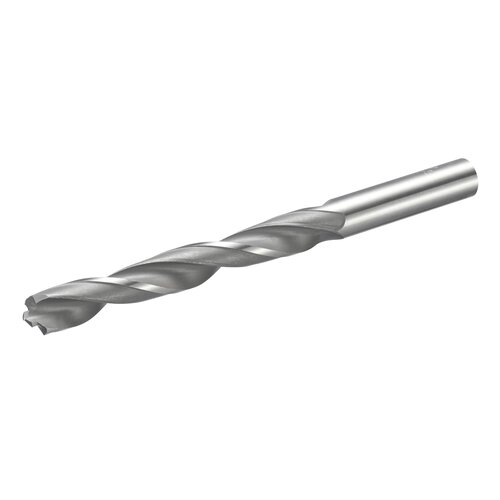 Na zdjęciu znajduje się metalowe wiertło z widocznymi spiralnymi rowkami na całej długości. Produkt jest w kolorze srebrnym i ma gładką powierzchnię.