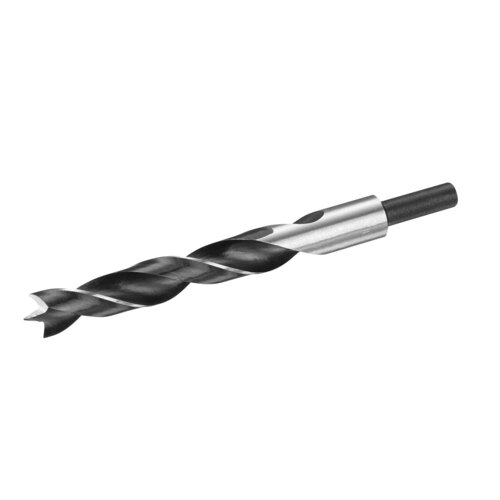 Na zdjęciu znajduje się metalowe wiertło spiralne z czarnym i srebrnym wykończeniem. Produkt ma gładką powierzchnię i ostre zakończenie.
