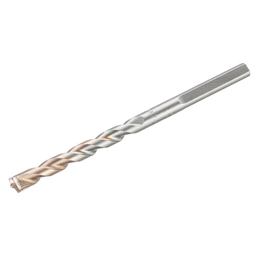 Na zdjęciu znajduje się metalowe wiertło do betonu z widocznymi spiralnymi rowkami. Produkt ma srebrzysty kolor z miedzianym odcieniem na końcówce.