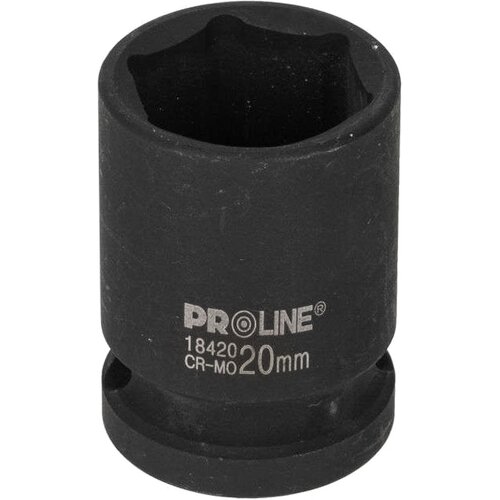 Na obrazie znajduje się czarna nasadka udarowa z widocznym napisem "PROLINE" oraz oznaczeniami "18420" i "CR-MO 20mm". Produkt ma cylindryczny kształt z sześciokątnym otworem na jednym końcu.